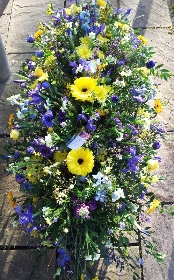 Medium coffin top in blue, purple and yellow